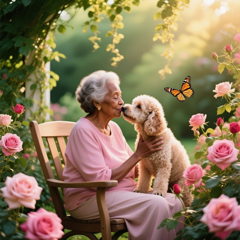 Elderly Black Woman Kissing Poodle Among Roses