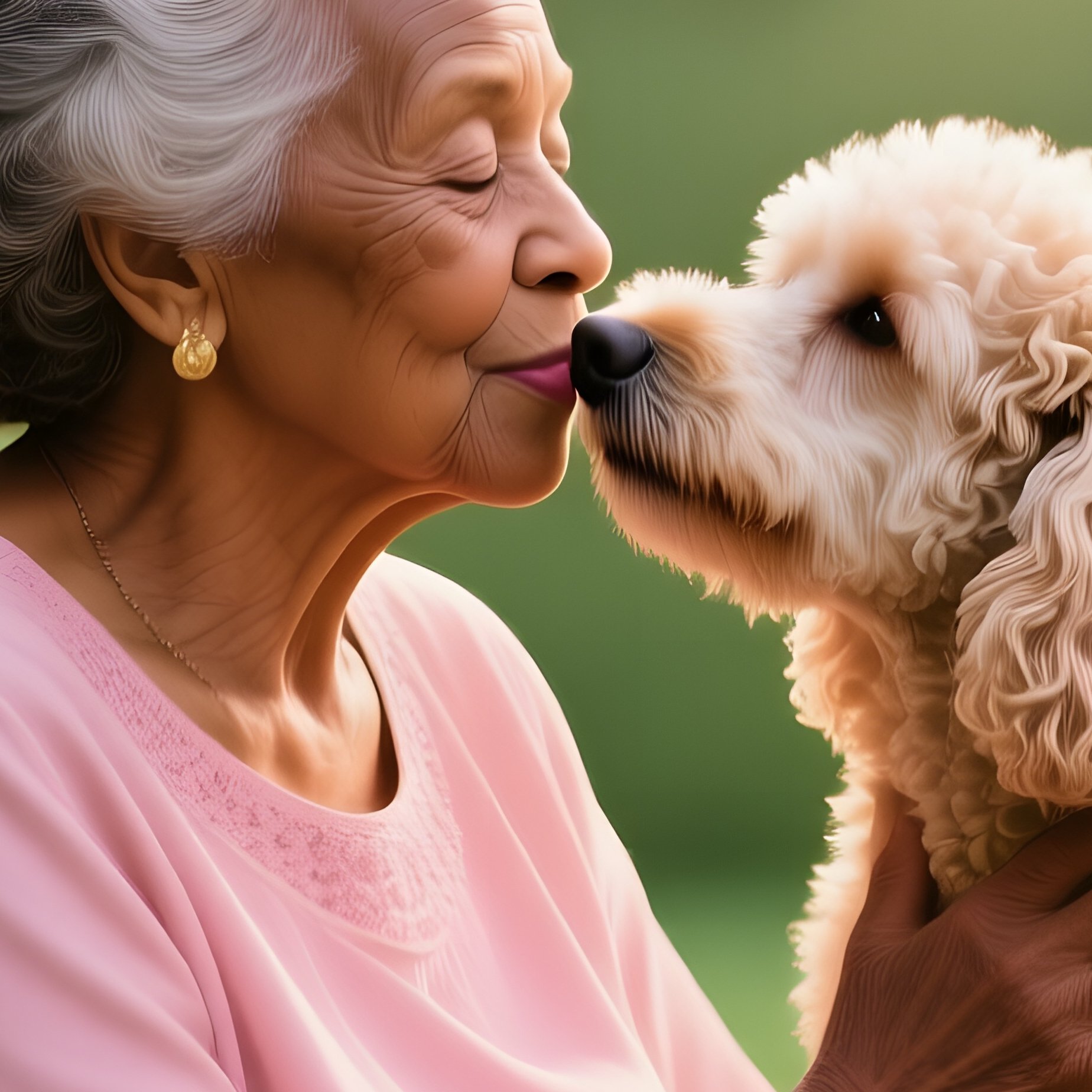 Elderly Black Woman Kissing Poodle Among Roses - Full Resolution Quality Preview