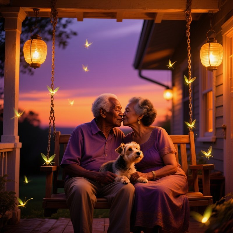 Elderly Couple Kissing Terrier Fireflies Dusk