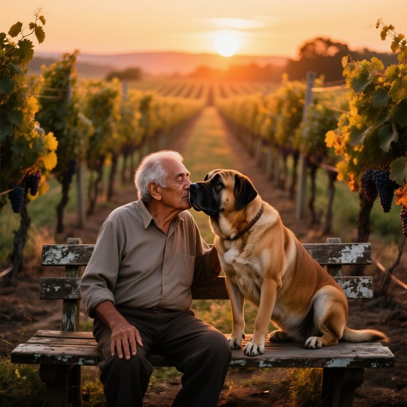 Elderly Hispanic Man Kissing Mastiff At Vineyard Sunset