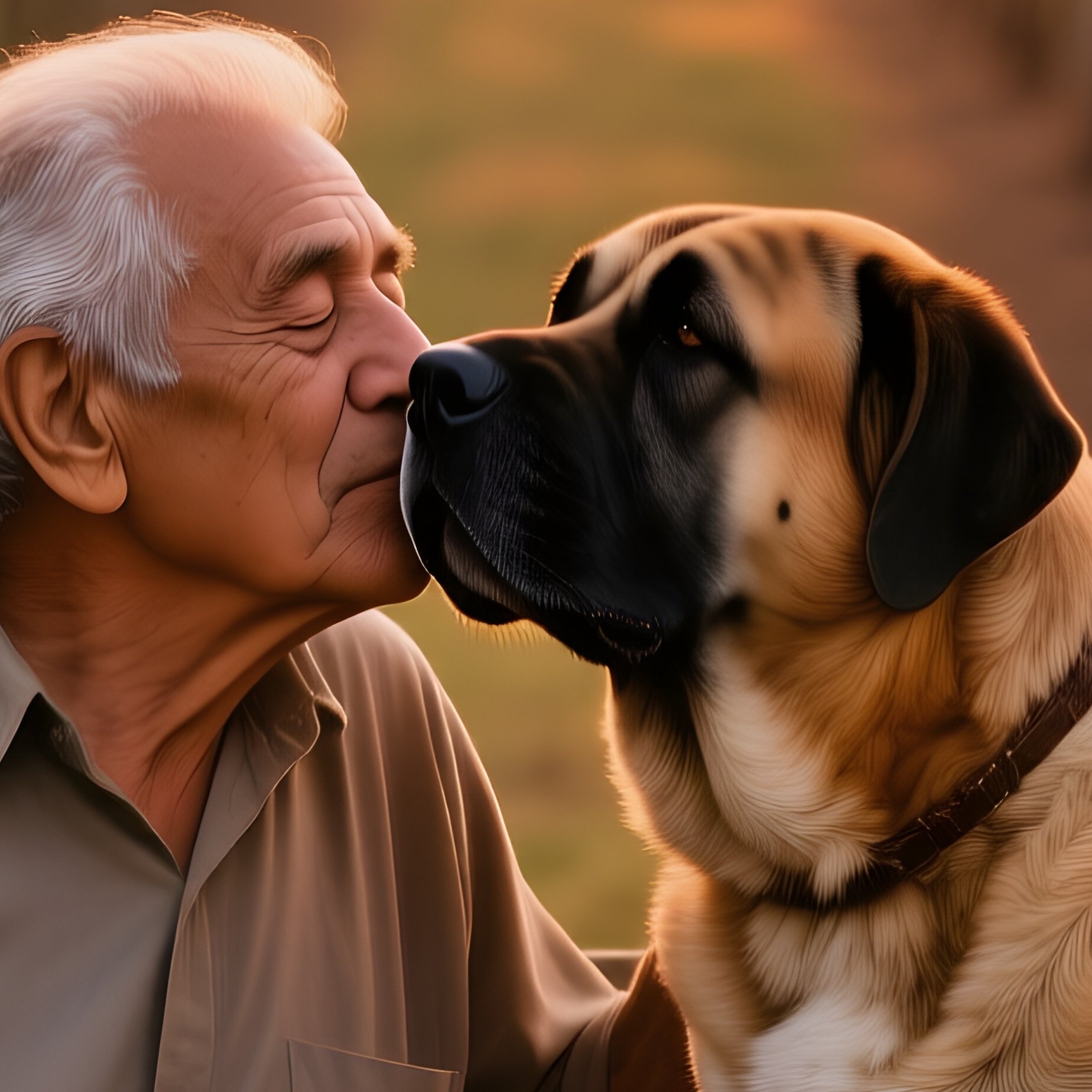 Elderly Hispanic Man Kissing Mastiff At Vineyard Sunset - Full Resolution Quality Preview