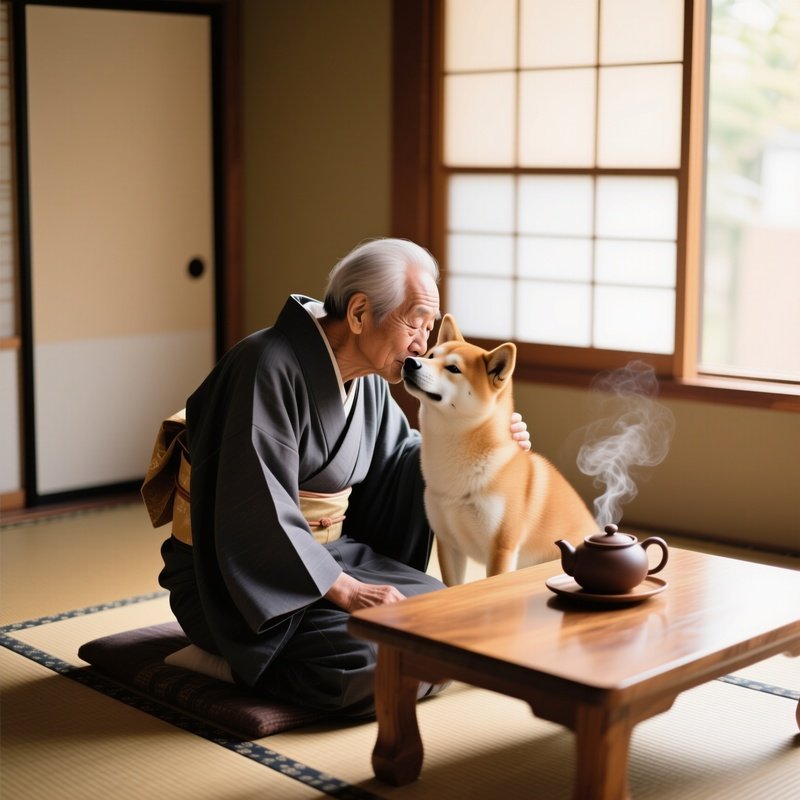 Elderly Japanese Man Kissing Shiba Inu