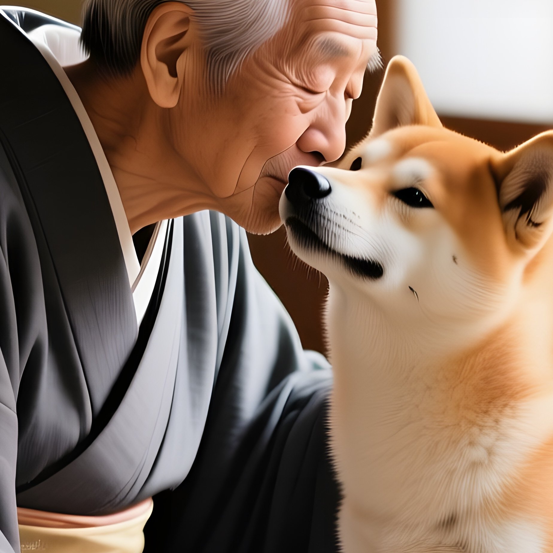 Elderly Japanese Man Kissing Shiba Inu - Full Resolution Quality Preview