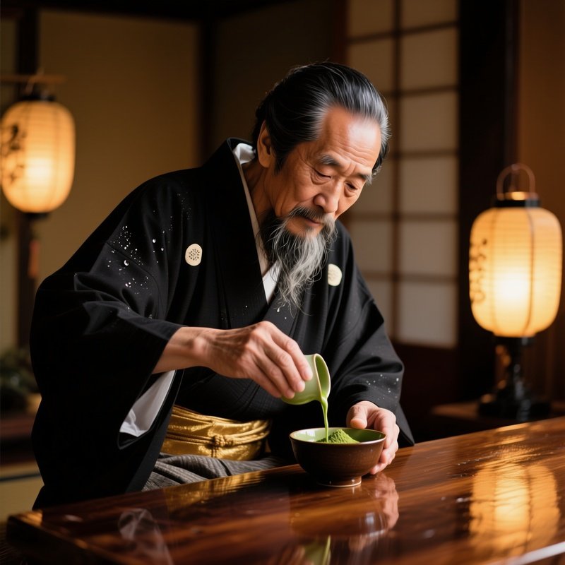 Elderly Japanese Tea Master Pouring Matcha