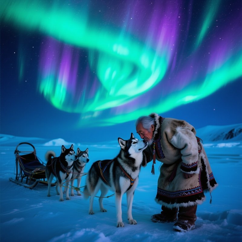 Elderly Native Alaskan Man Kissing Husky Under Aurora