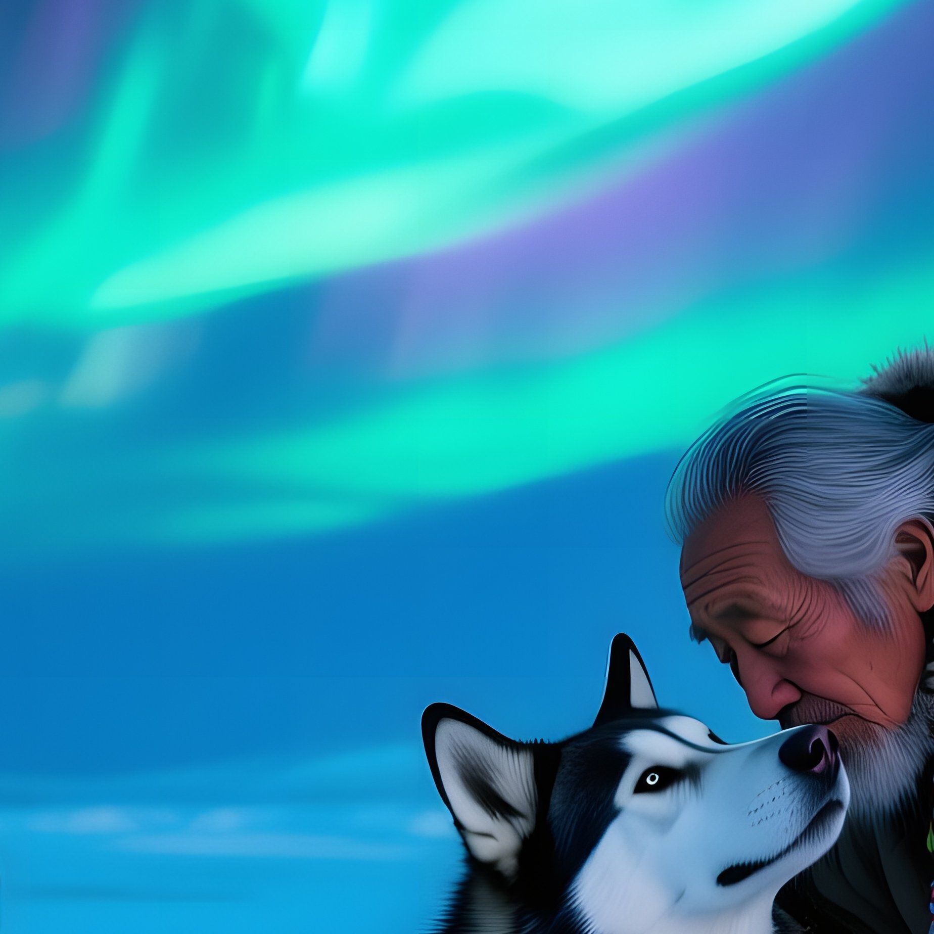 Elderly Native Alaskan Man Kissing Husky Under Aurora - Full Resolution Quality Preview