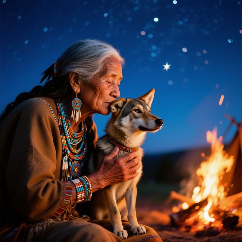 Elderly Native American Woman Kissing Dog Campfire
