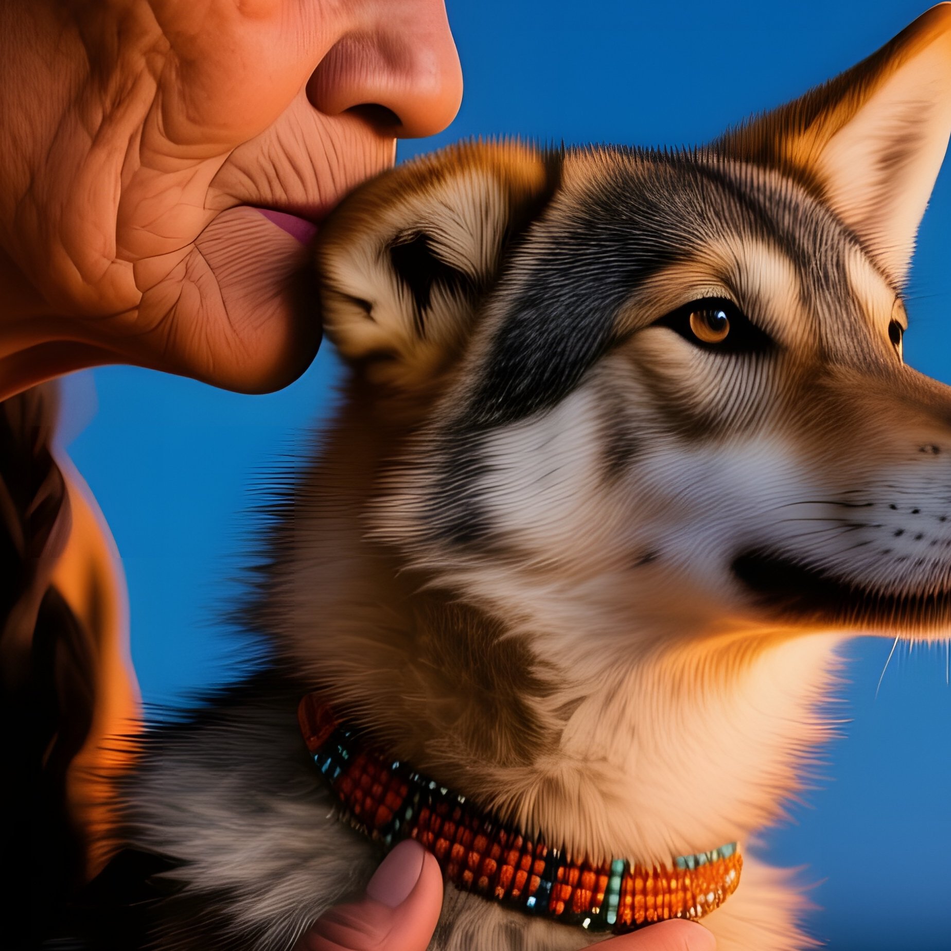 Elderly Native American Woman Kissing Dog Campfire - Full Resolution Quality Preview