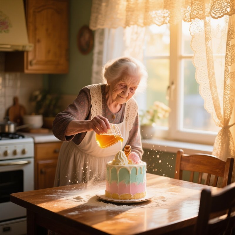 Elderly Russian Grandmother Drizzling Honey Over Plombir Ice Cream Cake