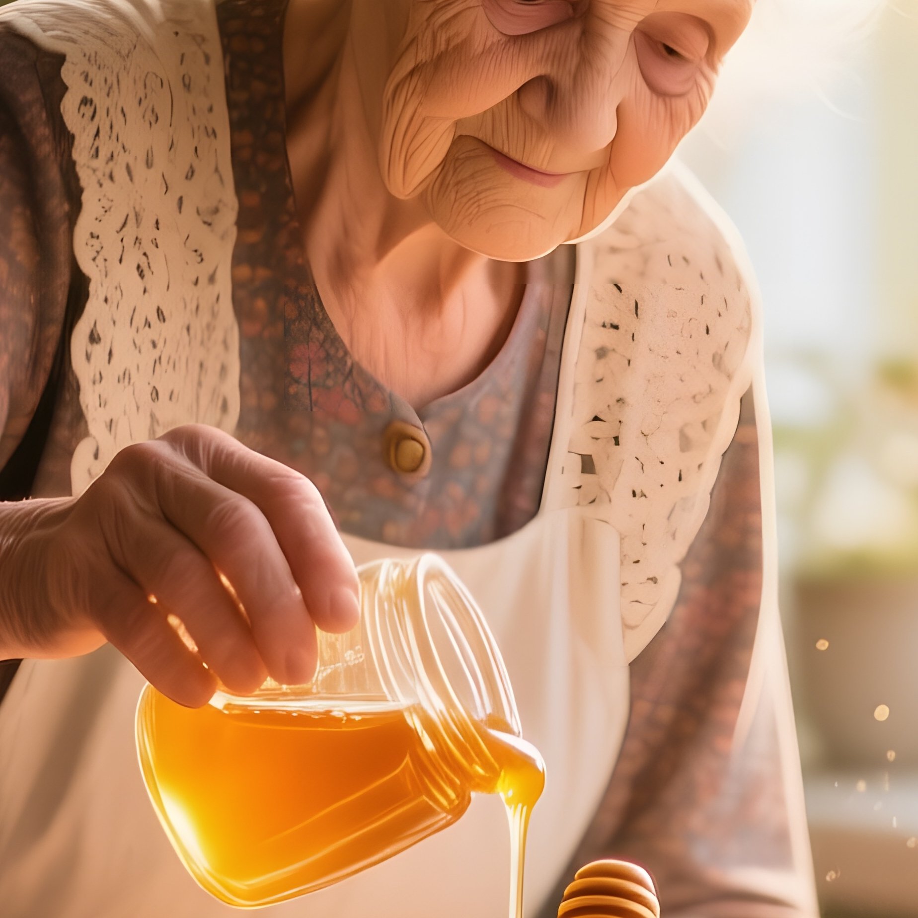 Elderly Russian Grandmother Drizzling Honey Over Plombir Ice Cream Cake - Full Resolution Quality Preview