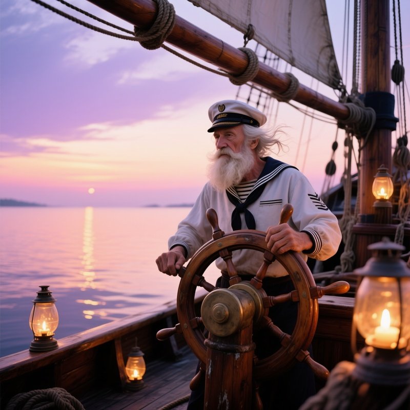 Elderly Sailor At Helm During Twilight
