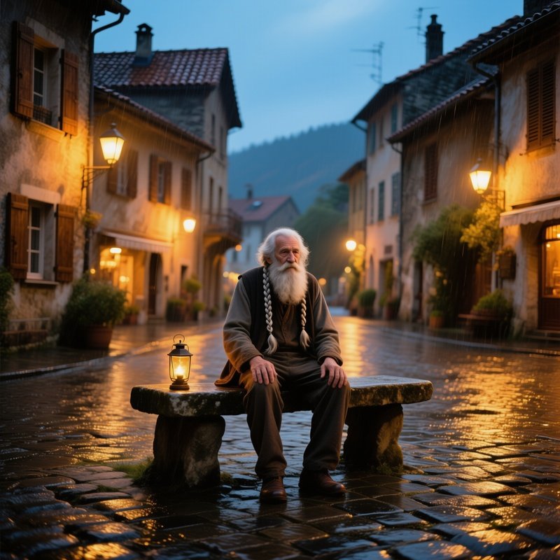 Elderly Storyteller In Village Square At Dusk