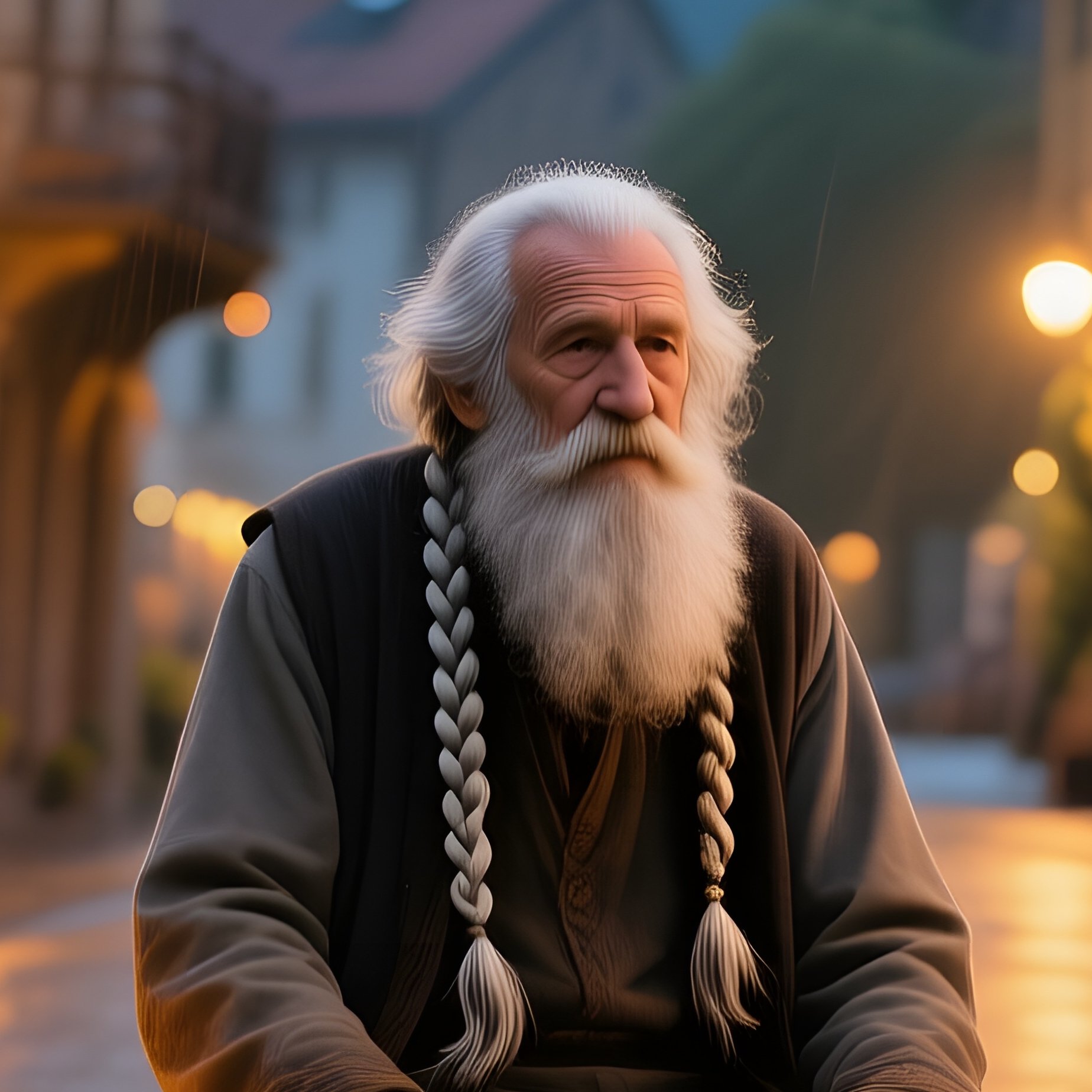 Elderly Storyteller In Village Square At Dusk - Full Resolution Quality Preview