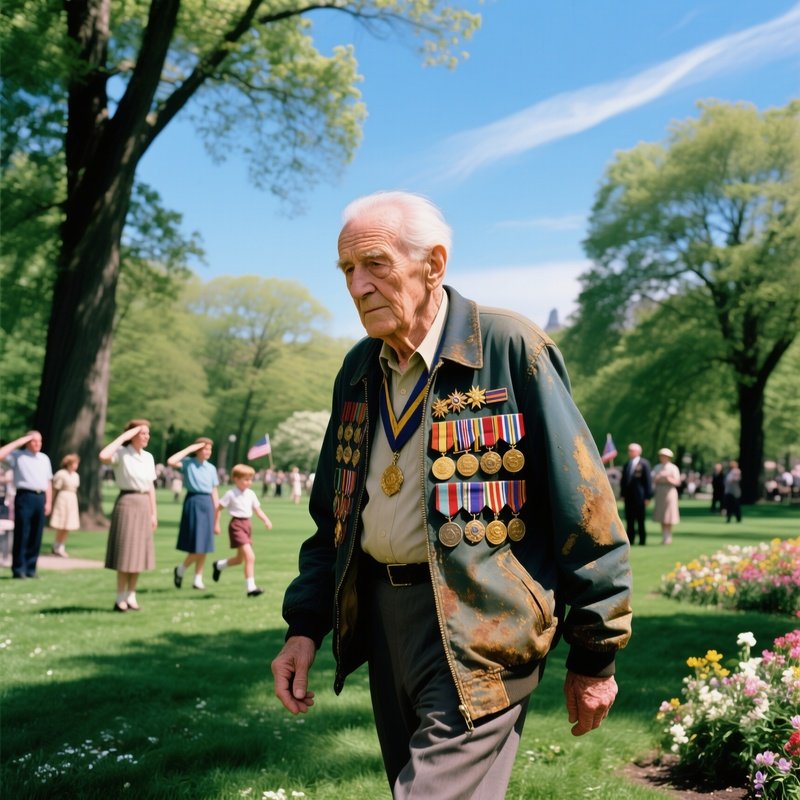 Elderly Veteran Walking Through Park On Victory Day 1985