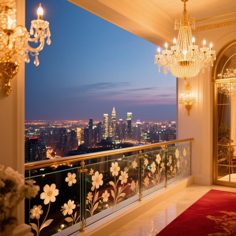 Elegant Ballroom Balcony Cityscape Glass Railings Flower Motifs