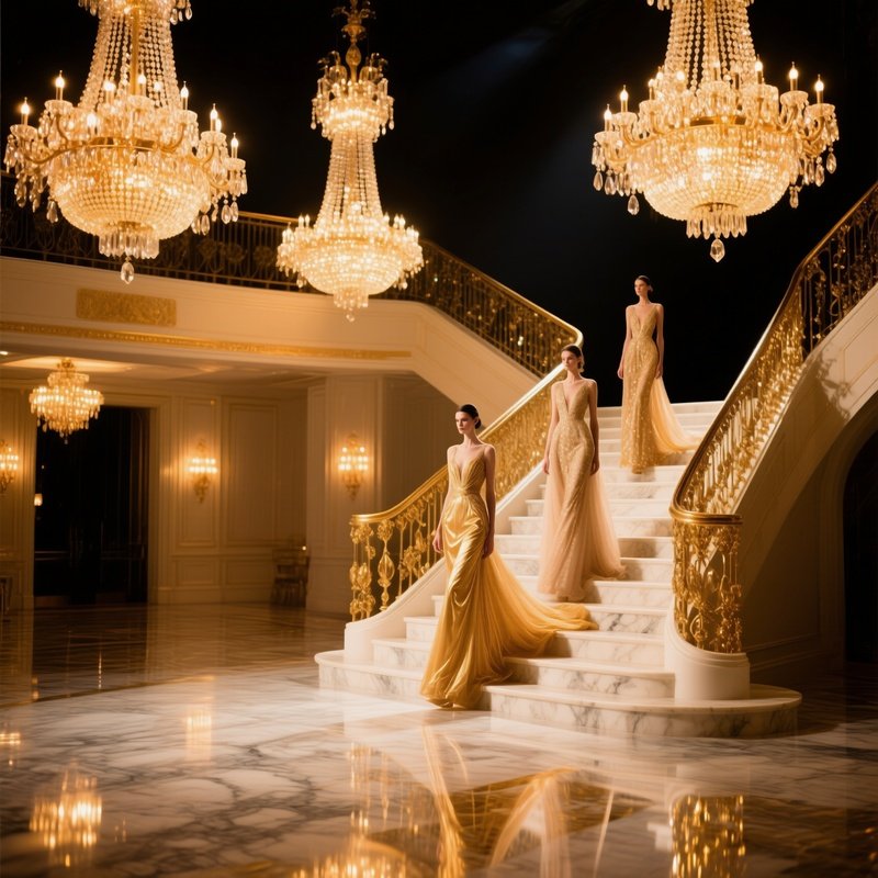 Elegant Ballroom Night Chandeliers Marble Staircase