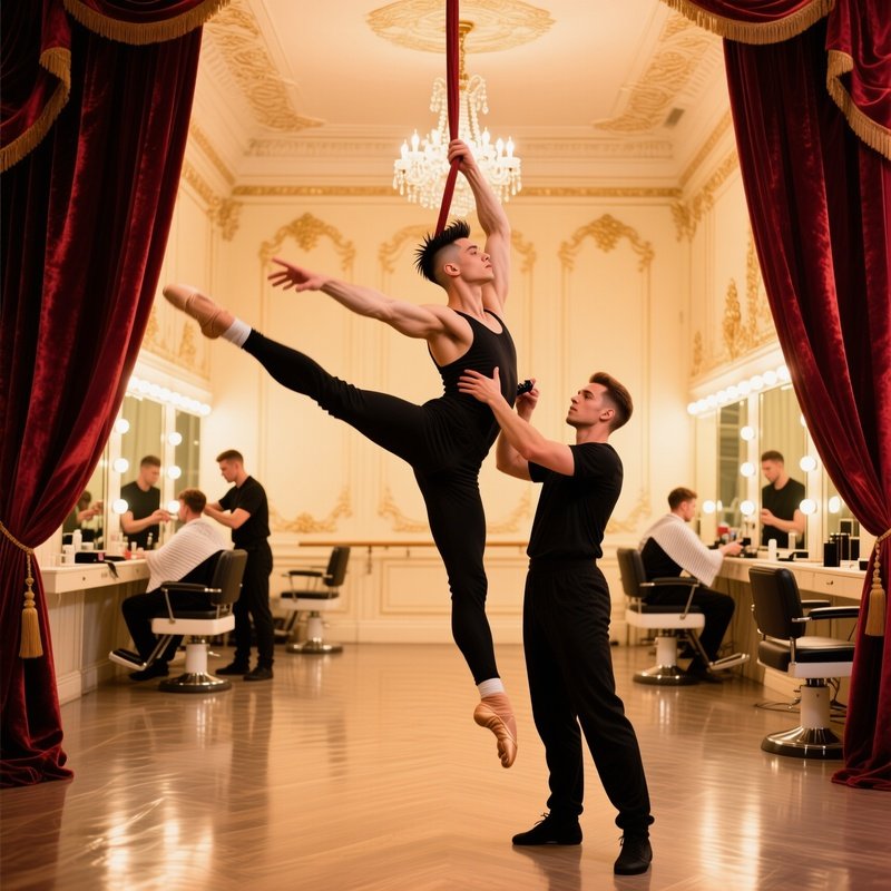 Elegant Ballroom Rehearsal Studio Mirrored Walls Dancer Lifts Hair Styled