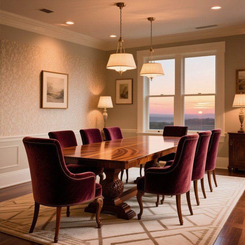 Elegant Dining Area Solid Wood Table Upholstered Chairs