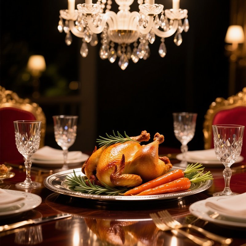 Elegant Dining Room Table At Night Chandelier Glow