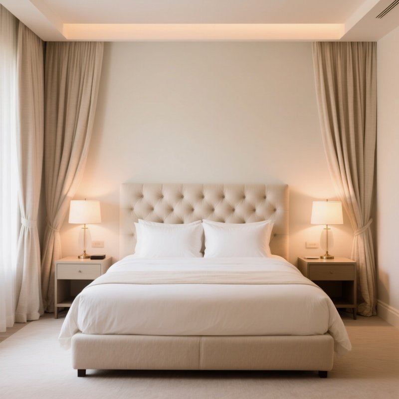 Elegant Hotel Bedroom Plush Bed Nightstands Textiles