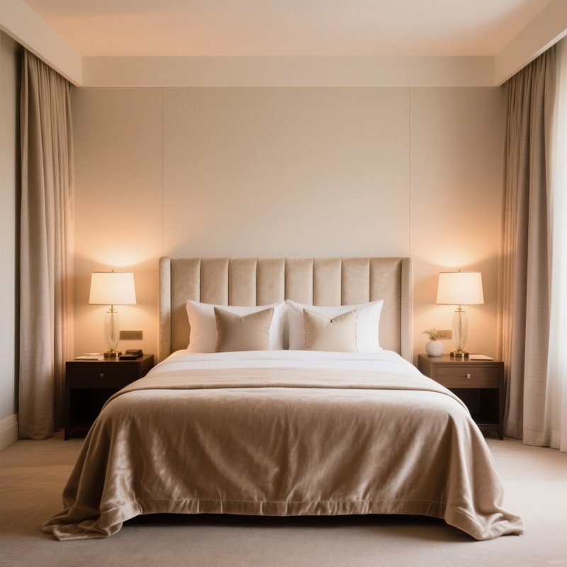 Elegant Hotel Bedroom Plush Bed Nightstands Textiles