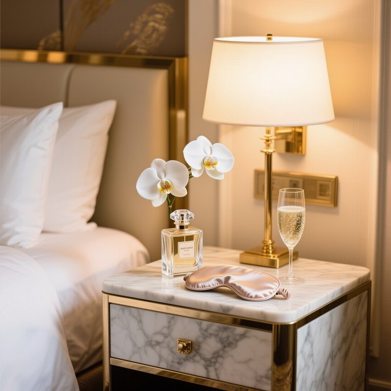 Elegant Marble Side Table In Boutique Hotel Suite At Night