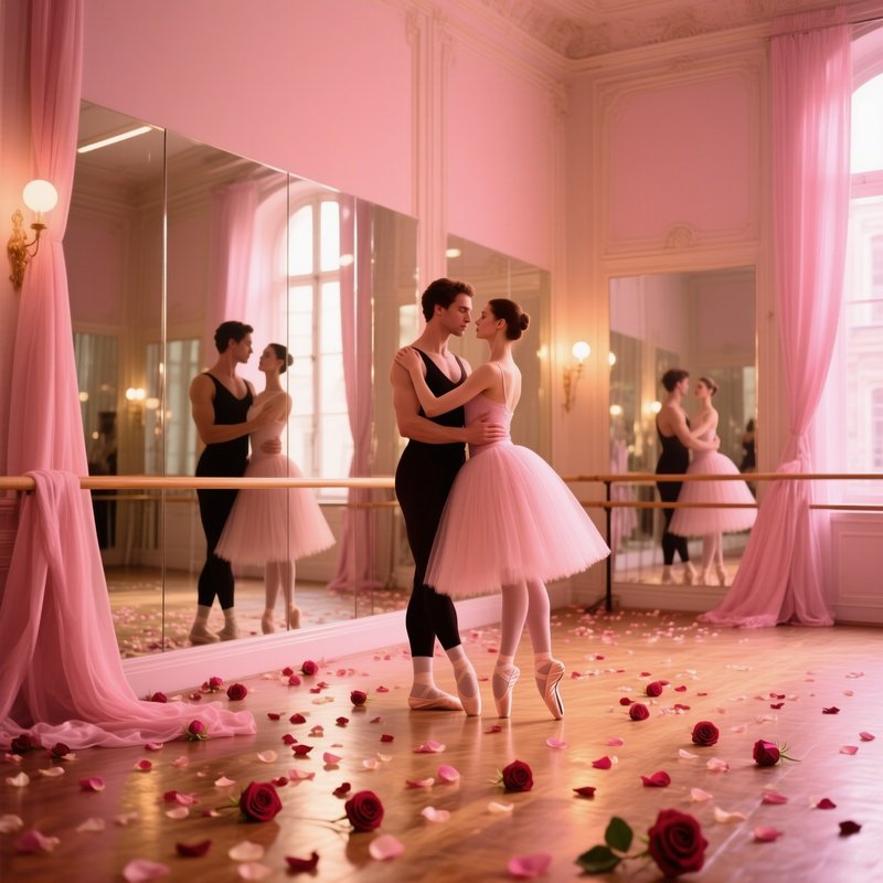 Elegant Parisian Ballet Studio Floor To Ceiling Mirrors Dancer Kisses Partner Backstage Pink