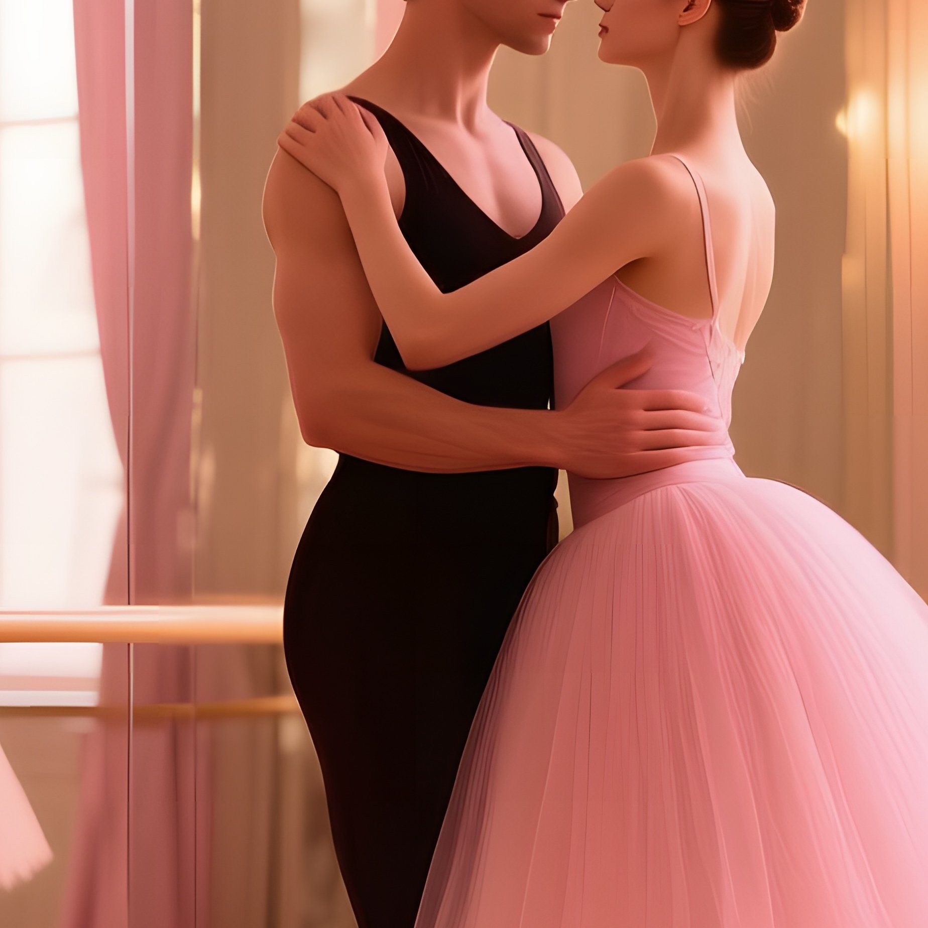 Elegant Parisian Ballet Studio Floor To Ceiling Mirrors Dancer Kisses Partner Backstage Pink - Full Resolution Quality Preview