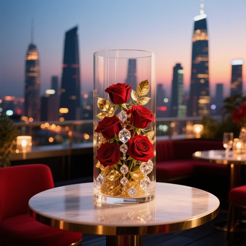 Elegant Rooftop Bar Dusk Bouquet Glass Cylinder