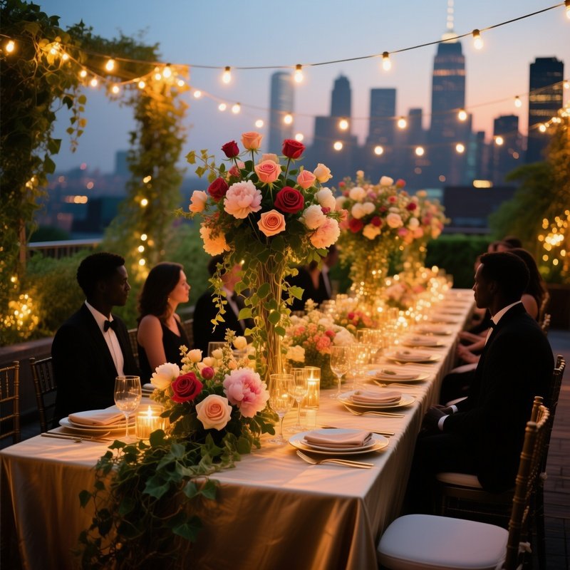Elegant Rooftop Garden Dinner Party Under String Lights