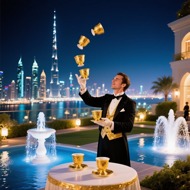 Elegant Rooftop Garden Dubai Night Magician Cup Flips