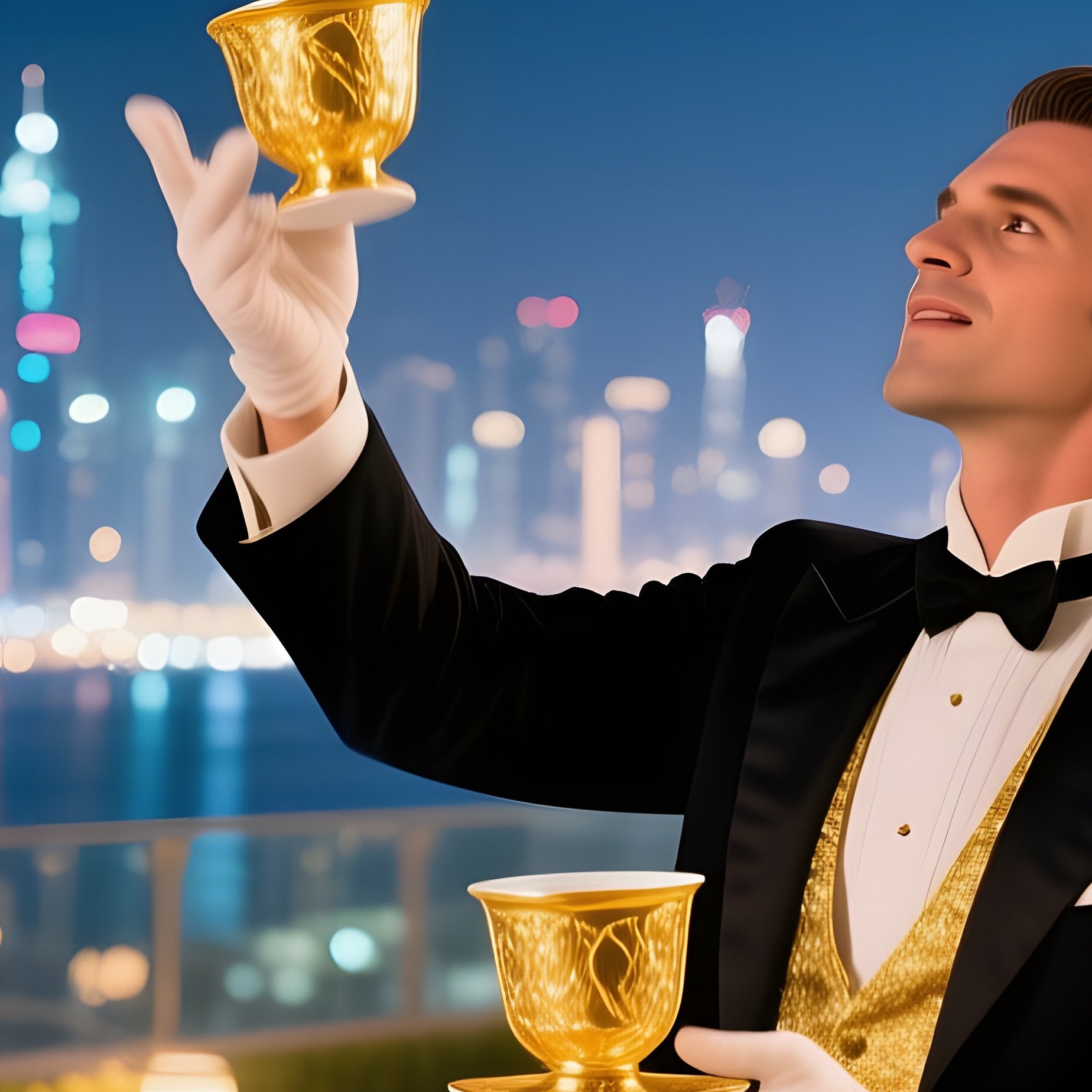 Elegant Rooftop Garden Dubai Night Magician Cup Flips - Full Resolution Quality Preview