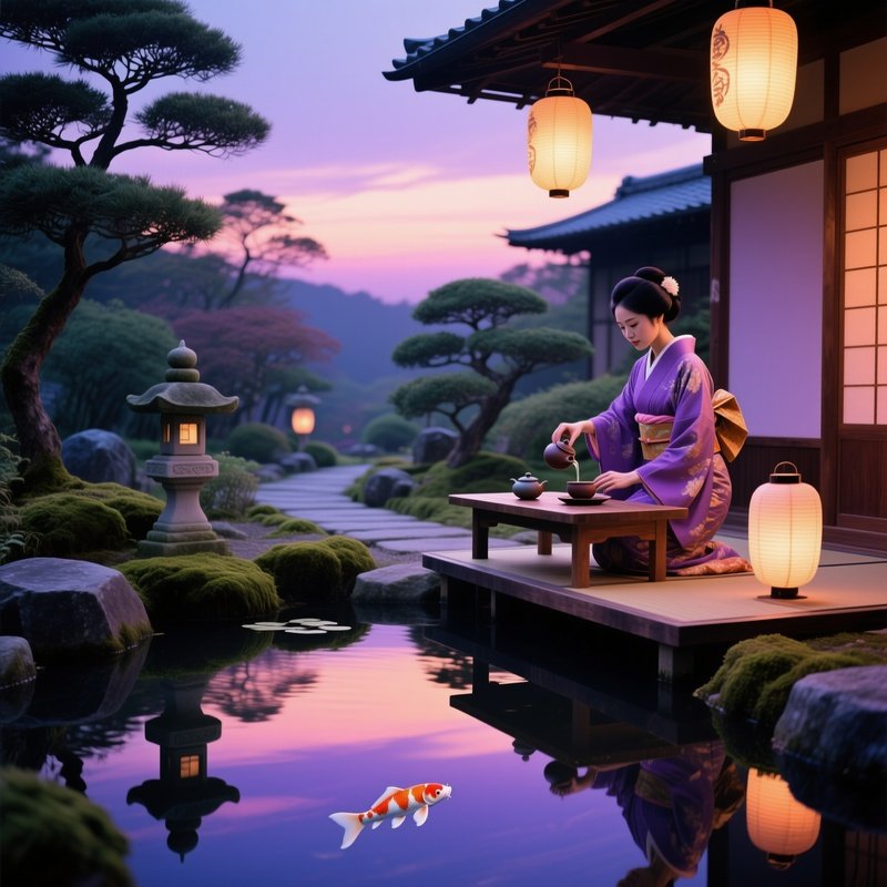 Elegant Tea Ceremony Garden At Dusk