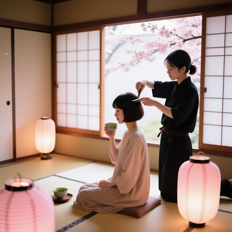 Elegant Tea Ceremony Room With Tatami Mats And Paper Lanterns