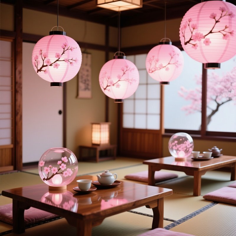 Elegant Tea House Interior Glass Lanterns Cherry Blossom