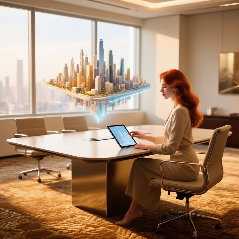 Elegant Woman Adjusting Tablet With 3D Cityscape Projection
