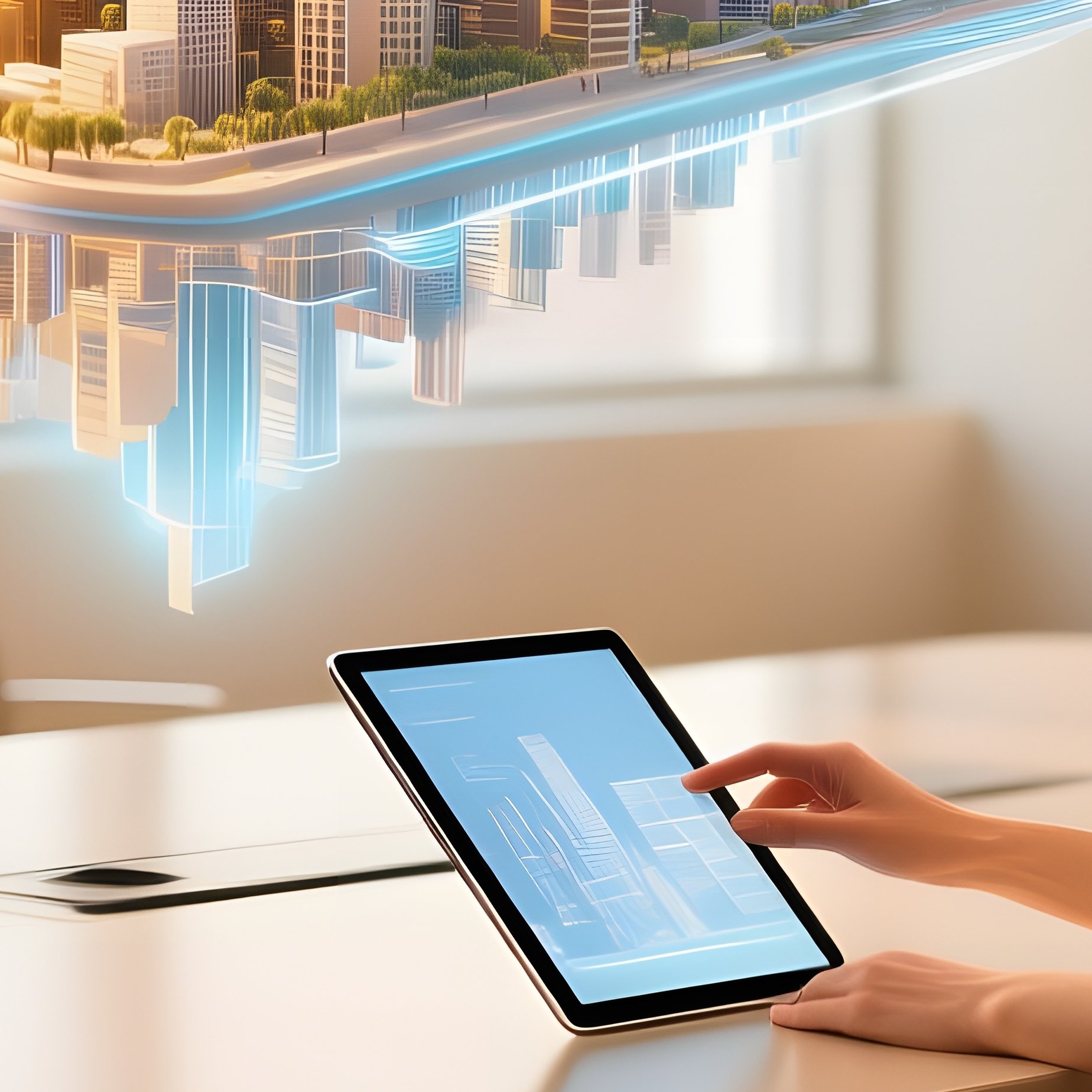 Elegant Woman Adjusting Tablet With 3D Cityscape Projection - Full Resolution Quality Preview