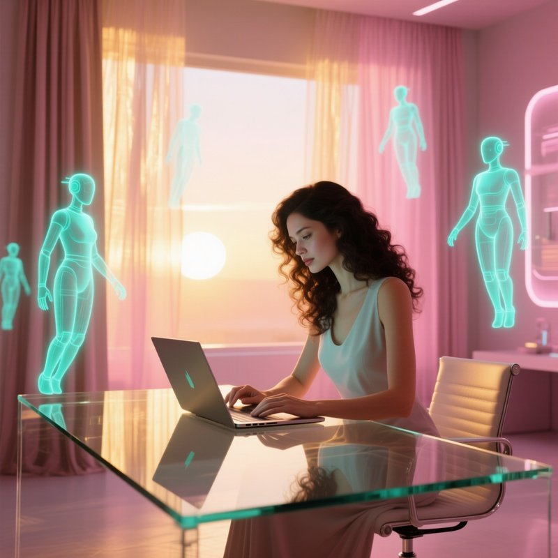 Elegant Woman With Holographic Assistants
