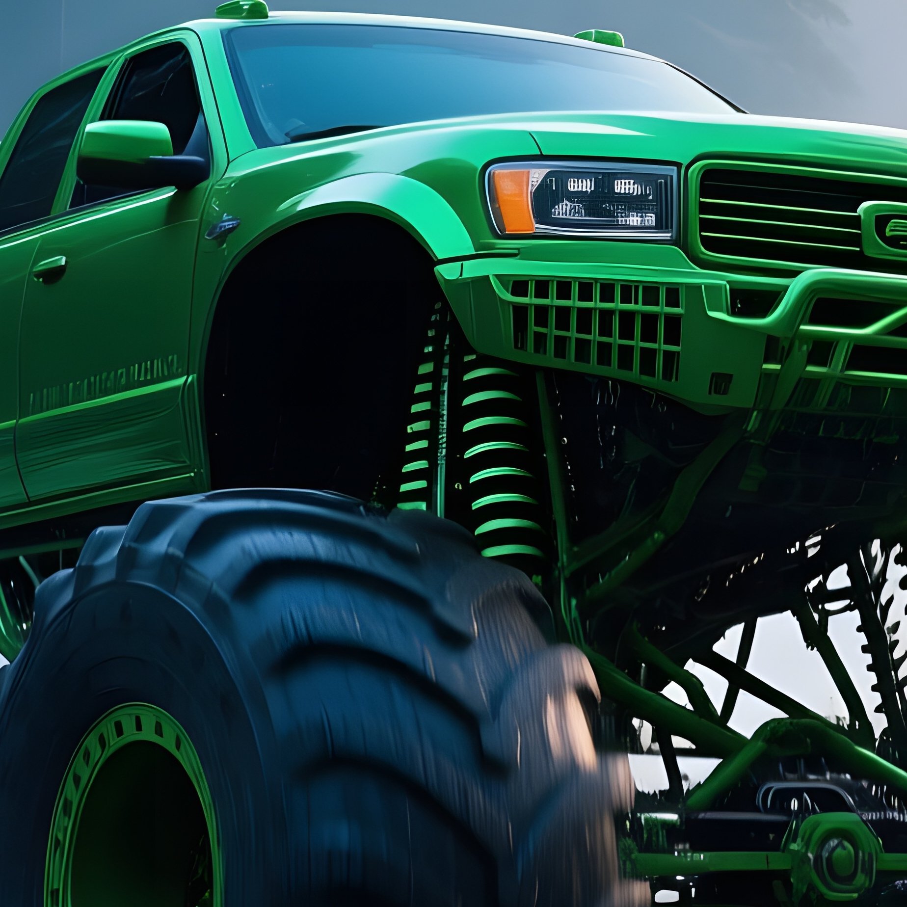 Emerald Green Monster Truck In Forest At Dawn - Full Resolution Quality Preview