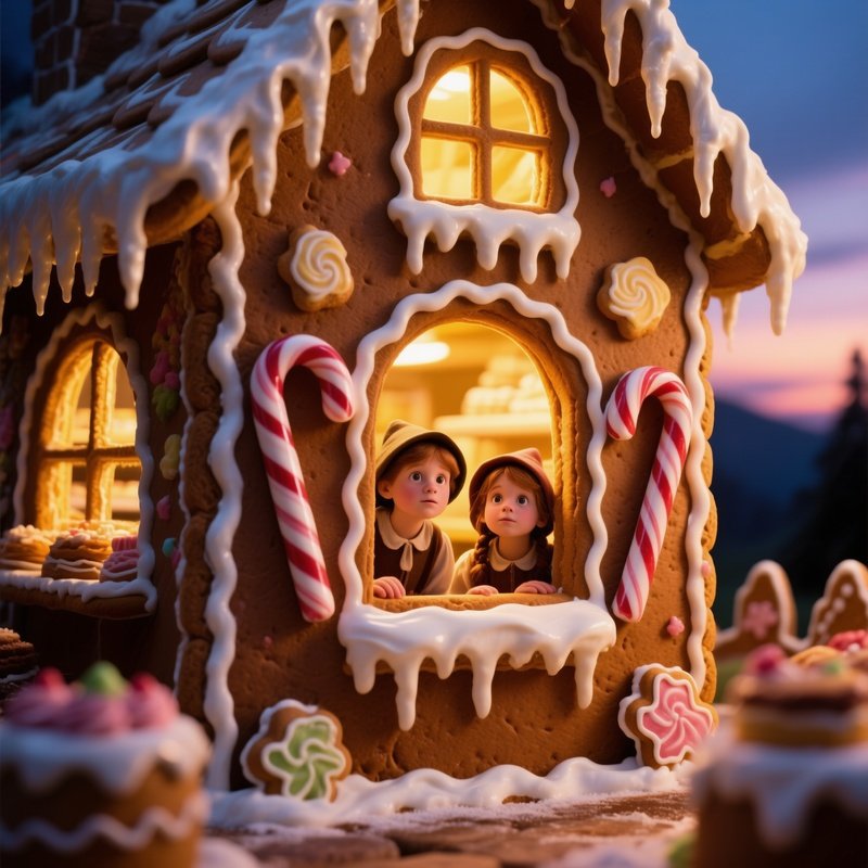 Enchanted Bakery At Dusk With Gingerbread Walls Frosting Icicles Hansel Gretel Peaking Through