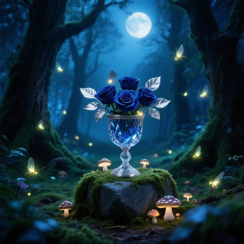 Enchanted Fairy Tale Clearing Moonlight Fireflies Crystal Chalice Midnight Roses