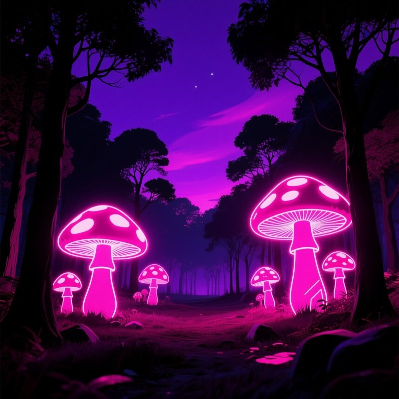 Enchanted Forest Clearing Night Bioluminescent Mushrooms