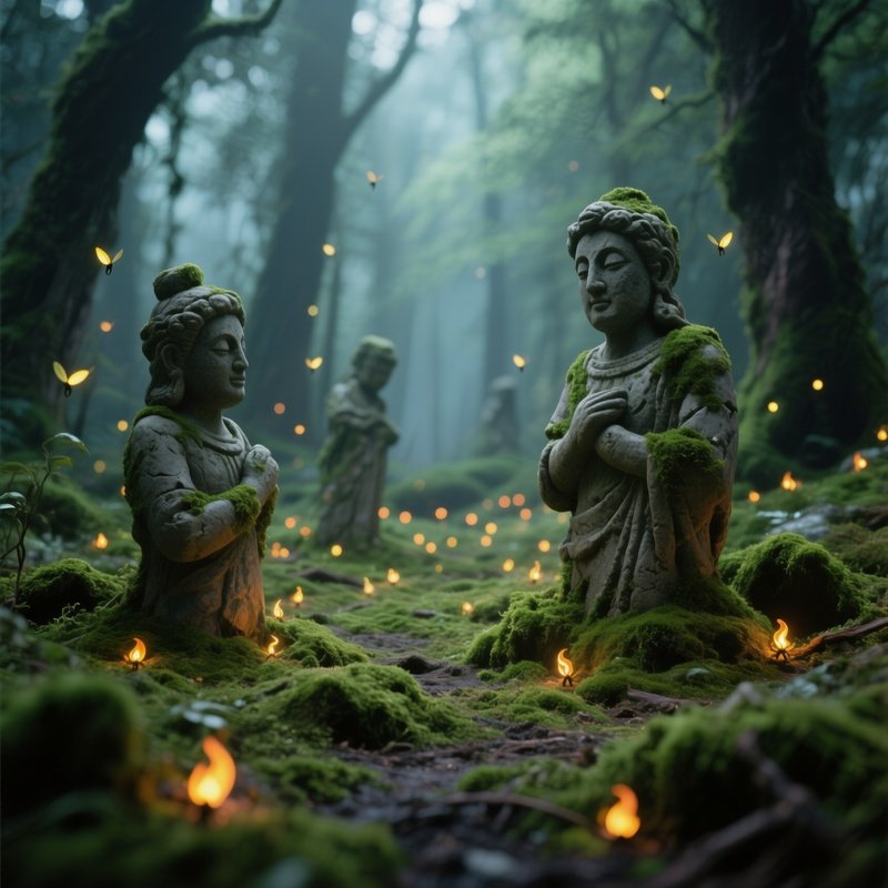 Enchanted Forest Glade Fireflies Clay Statues