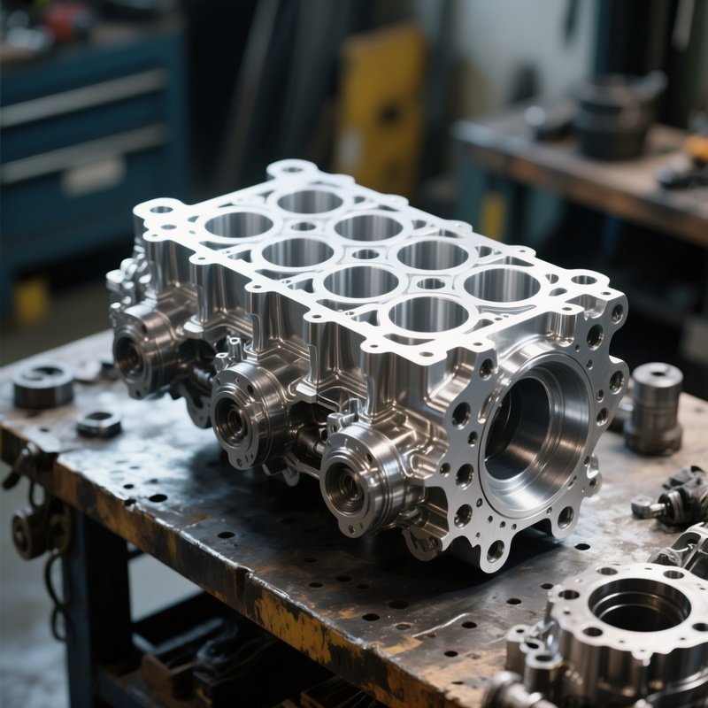 Engine Block: A Pristine, Machined Aluminum V8 Engine Block Sitting On A Workbench, Ready For Assembly.