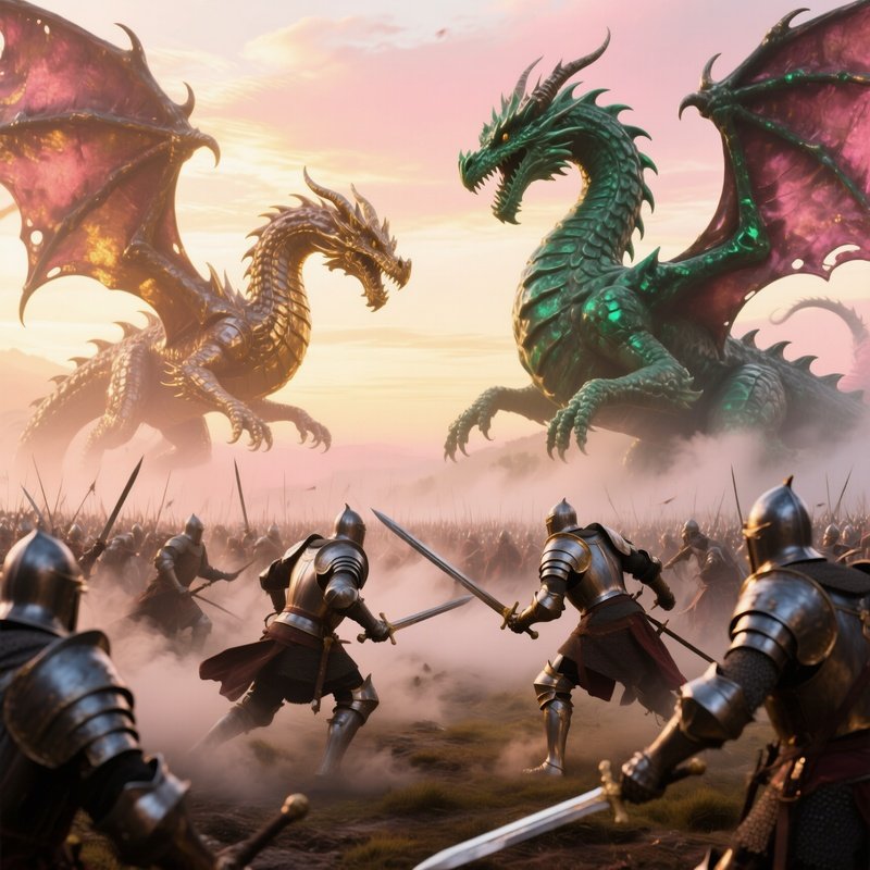 Epic Fantasy Battlefield At Dawn Armored Warriors Dragons Metallic Emerald Clay
