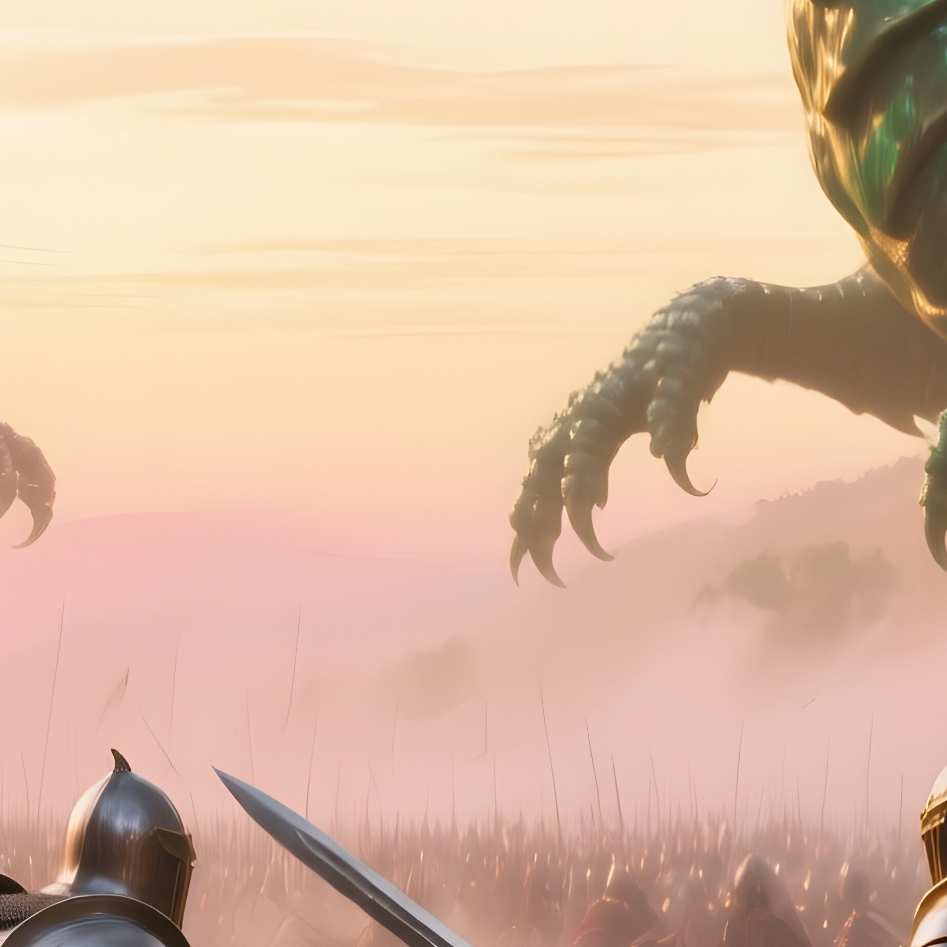 Epic Fantasy Battlefield At Dawn Armored Warriors Dragons Metallic Emerald Clay - Full Resolution Quality Preview