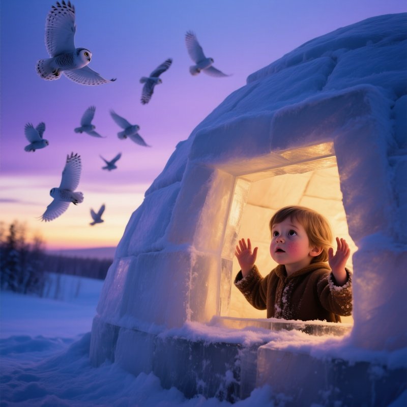 Eskimo Child Igloo Snowy Owls Twilight