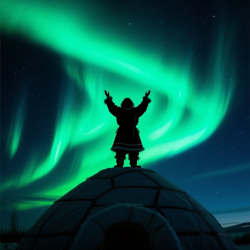 Eskimo On Igloo With Aurora