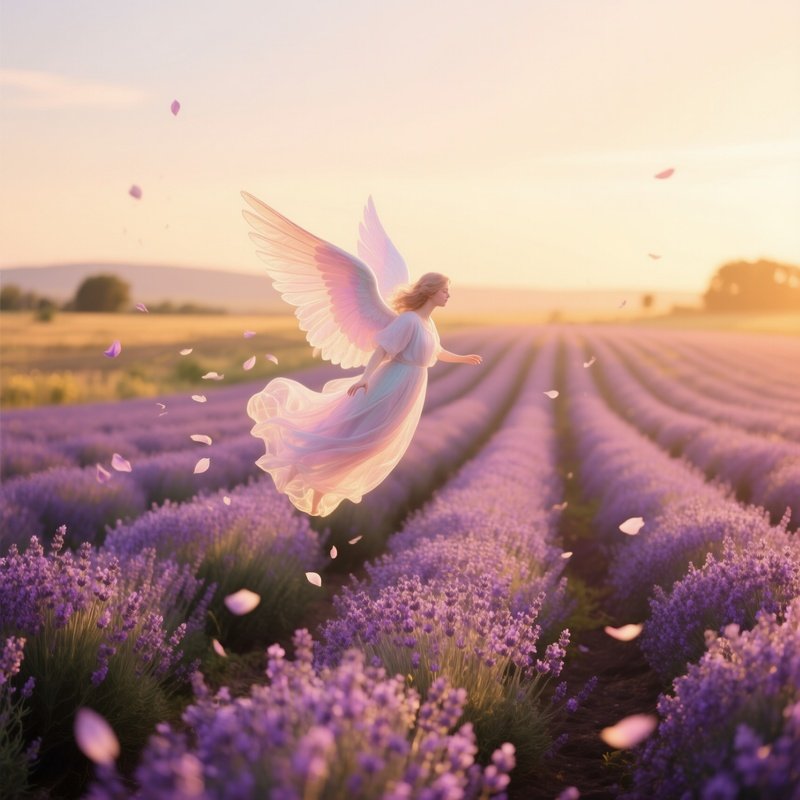 Ethereal Angel Over Lavender Field Golden Hour