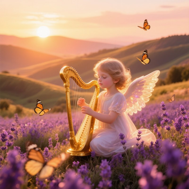 Ethereal Child Like Angel Playing Golden Harp Among Lavender Meadow At Golden Hour